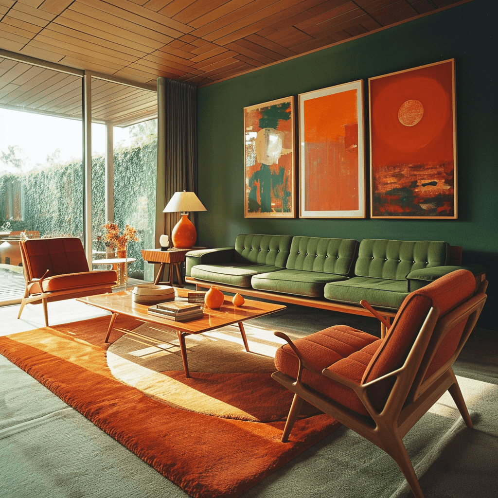 A 70s living room design with attention to vintage details and a cozy fireplace