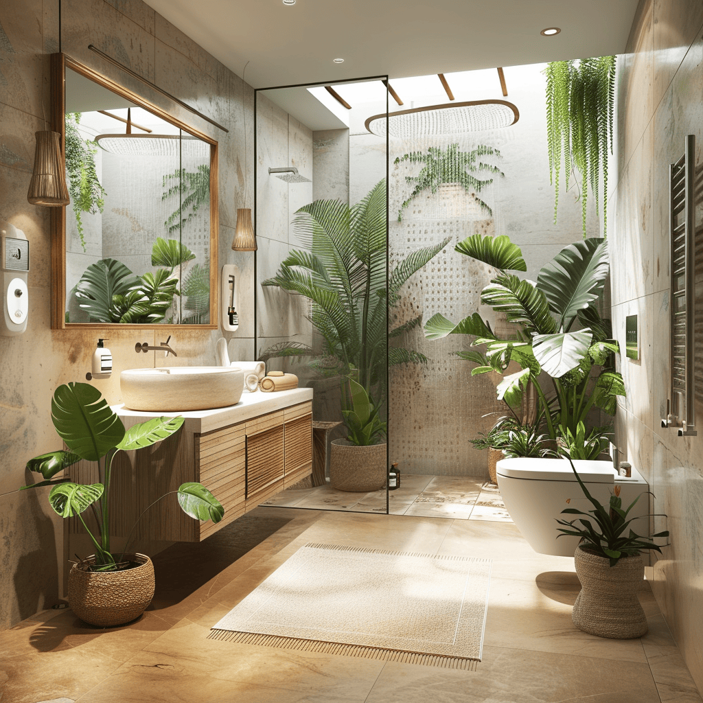 A bathroom filled with lush, tropical plants, creating a serene and spa-like atmosphere