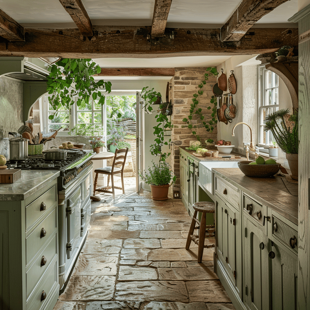 Warm, earthy tones throughout this English countryside kitchen create a cozy and inviting ambiance