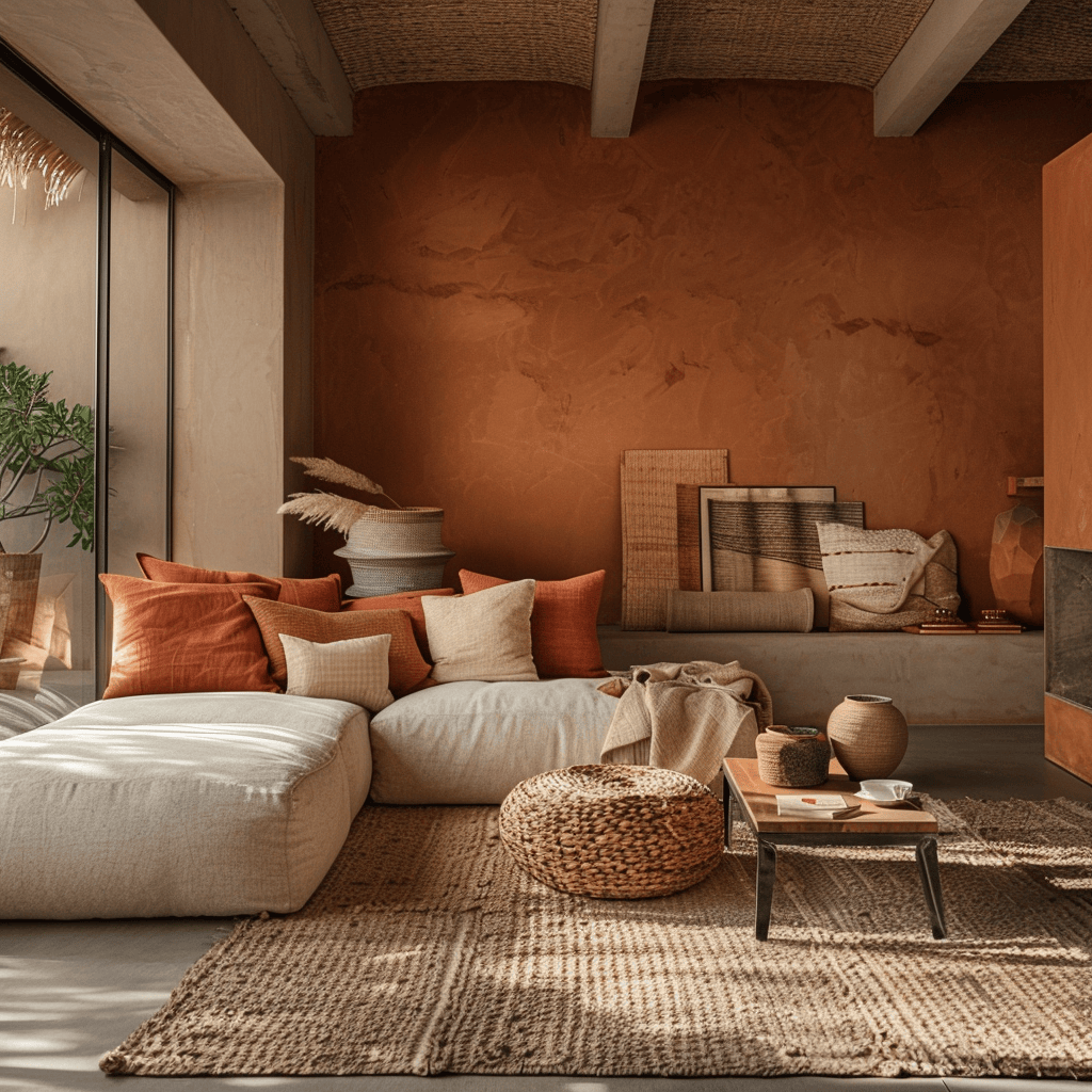 A contemporary bedroom featuring warm, natural tones of burnt sienna, golden ochre, and deep umber, complemented by natural wood furniture and linen bedding
