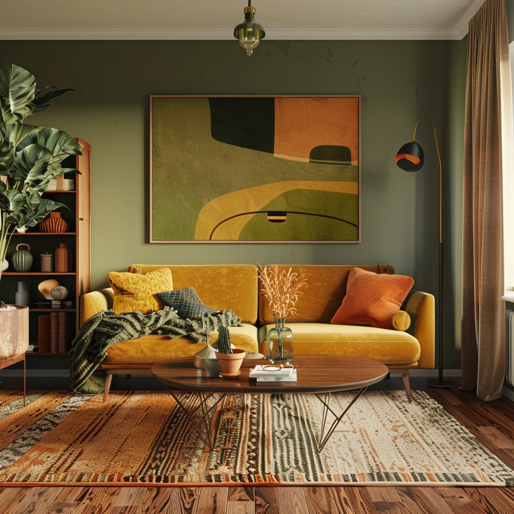 A cozy mid-century modern living room with earthy tones of olive green, mustard yellow, and burnt orange, evoking warmth and comfort