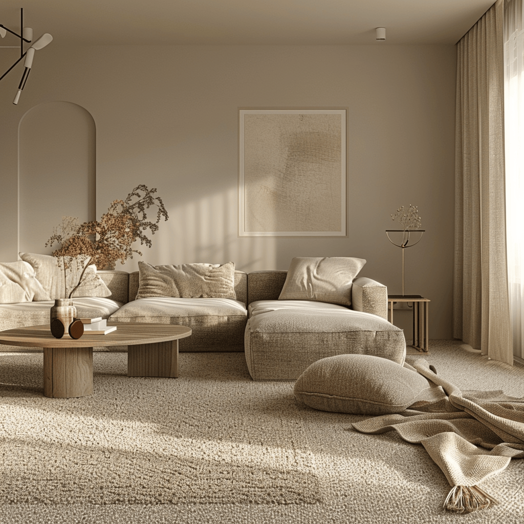 A cozy, minimalist living room with a warm palette of beige and taupe tones, creating an inviting and comfortable atmosphere while maintaining a simple, uncluttered aesthetic