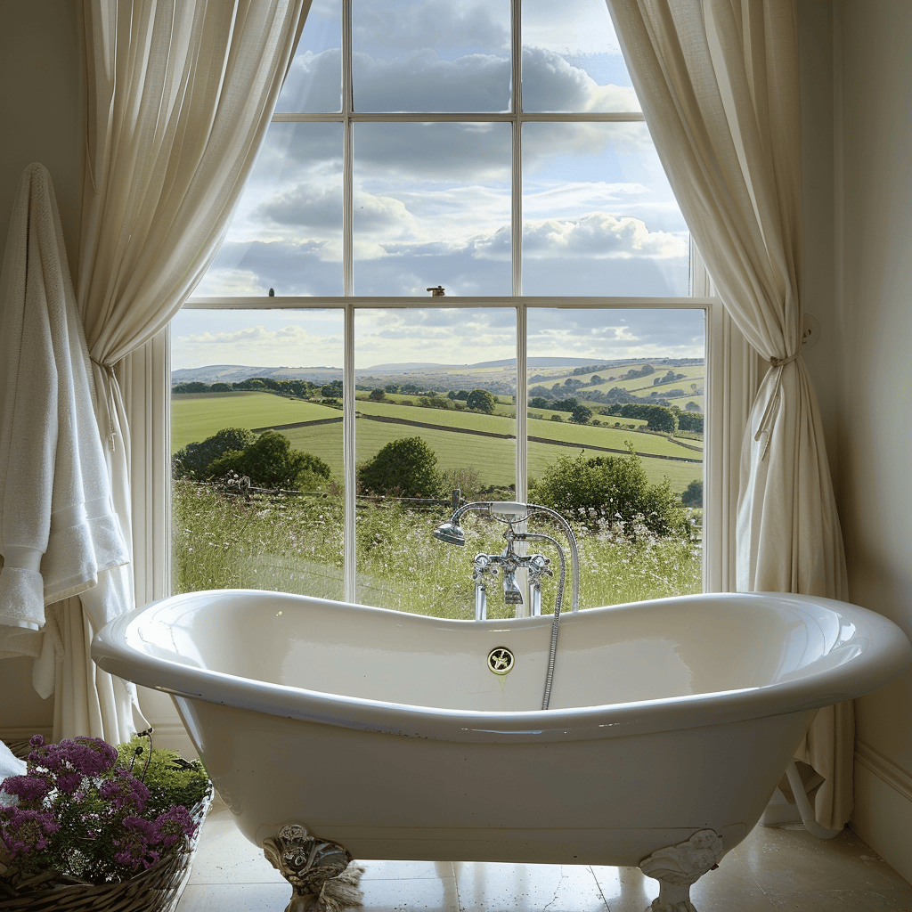 A freestanding clawfoot tub positioned near a large window, offering a stunning view of rolling hills and a lush cottage garden in an English countryside bathroom