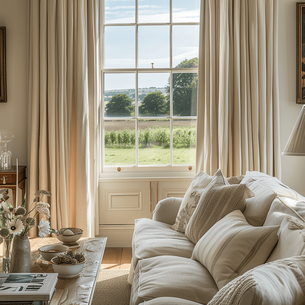 A living room that is enhanced by the thoughtful selection of window treatments, which frame the breathtaking views of the English countryside and contribute to the overall sense of peace and relaxation
