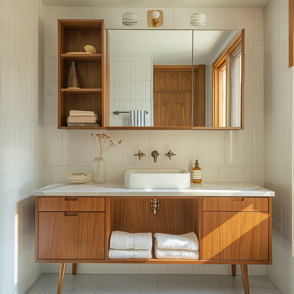 A mid-century modern bathroom featuring a warm wooden vanity and shelves, bringing a touch of natural elegance and organic beauty to the space