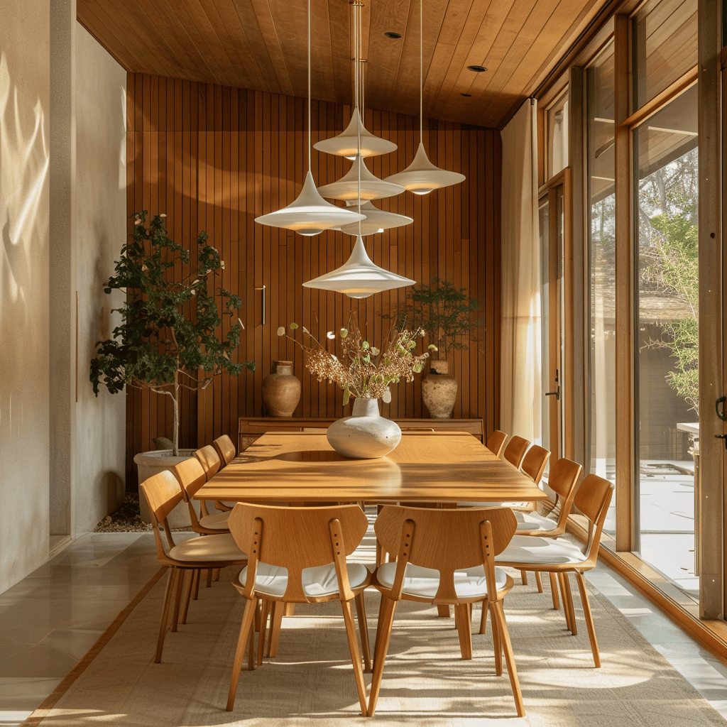 A mid-century modern dining room with pendant lights and floor lamps that create a warm and inviting ambiance, perfect for intimate dining experiences