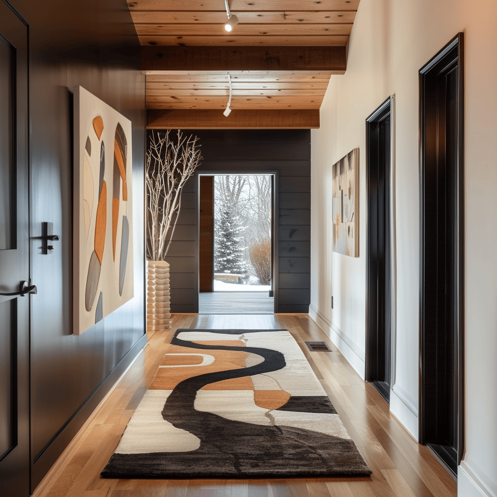 A mid-century modern hallway with a rug featuring geometric patterns, abstract designs, or shag pile, defining the space and adding warmth and texture underfoot4