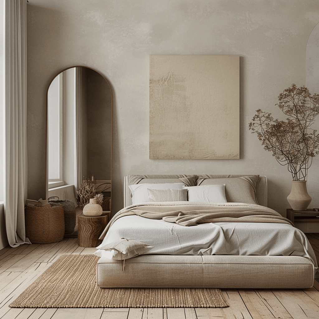 A minimalist bedroom that demonstrates the power of thoughtfully chosen artificial lighting in adding depth and character to the minimalist design while supporting various activities and moods