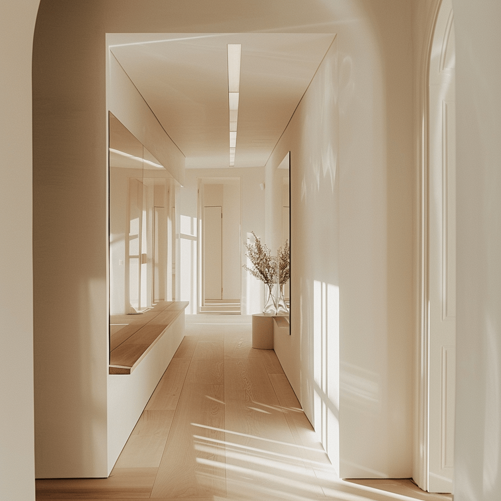 A minimalist hallway featuring a soothing palette of neutral tones that create a calming and timeless aesthetic