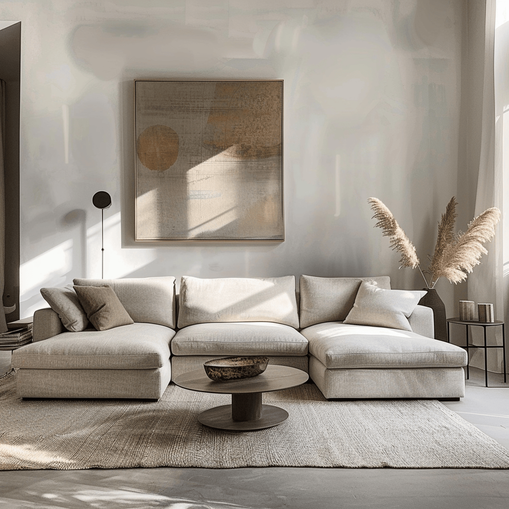 A minimalist living room featuring clean-lined furniture, simple silhouettes, and a comfortable sofa, creating a functional and visually appealing space
