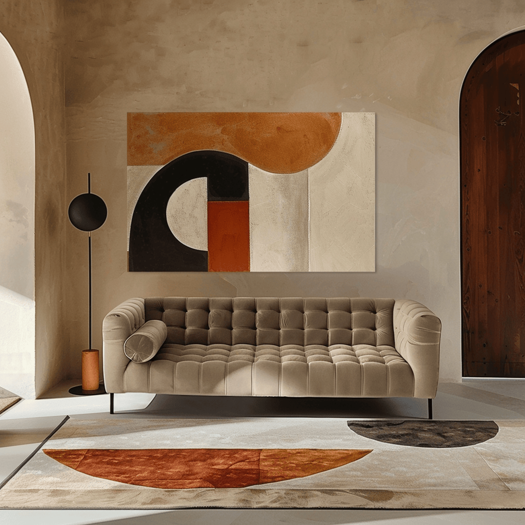 A minimalist mid-century modern living room featuring a sleek sofa, geometric rug, and bold artwork, showcasing the perfect balance of simplicity and sophistication in interior design