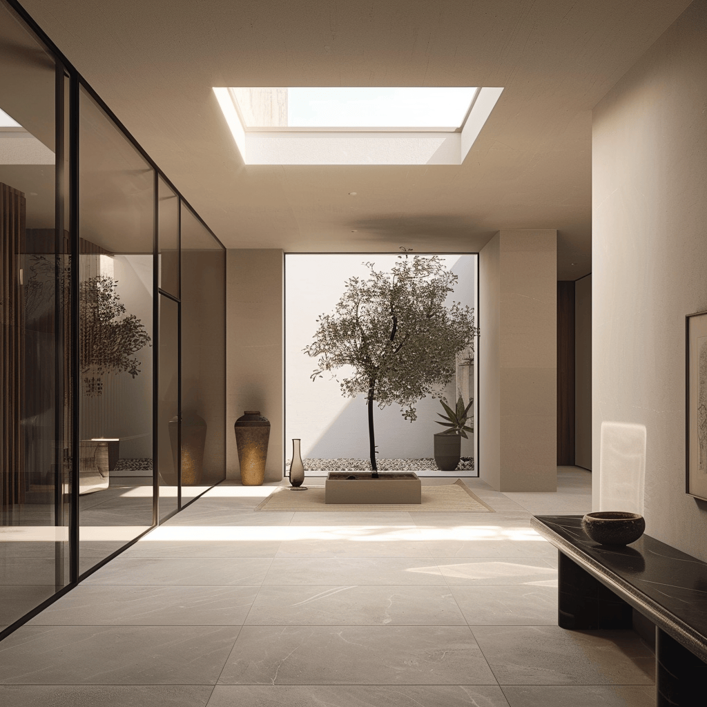 A modern hallway bathed in natural light from strategically placed windows or a skylight