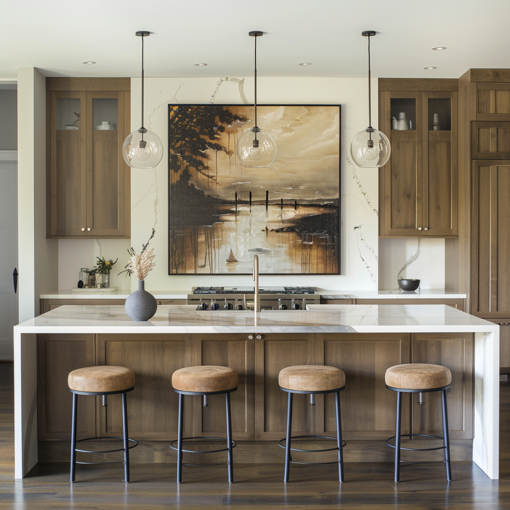 A modern kitchen with a carefully selected piece of artwork or a gallery wall serving as a focal point, adding color, texture, and personality to the space and reflecting the homeowner's unique style and taste