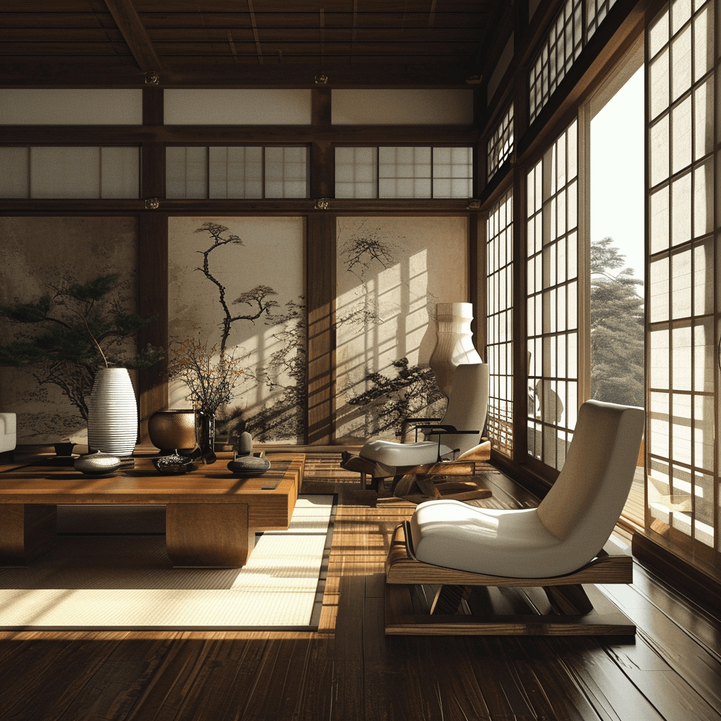 Warm and inviting Japanese living room interior with soft lighting and textiles.
