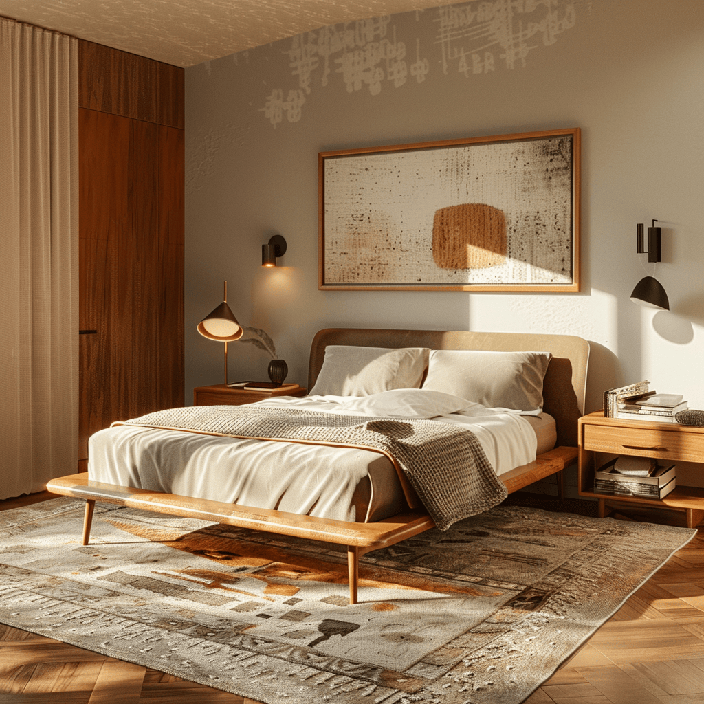 A serene mid-century modern bedroom featuring clean lines, warm wood finishes, and a minimalist design that prioritizes functionality and simplicity