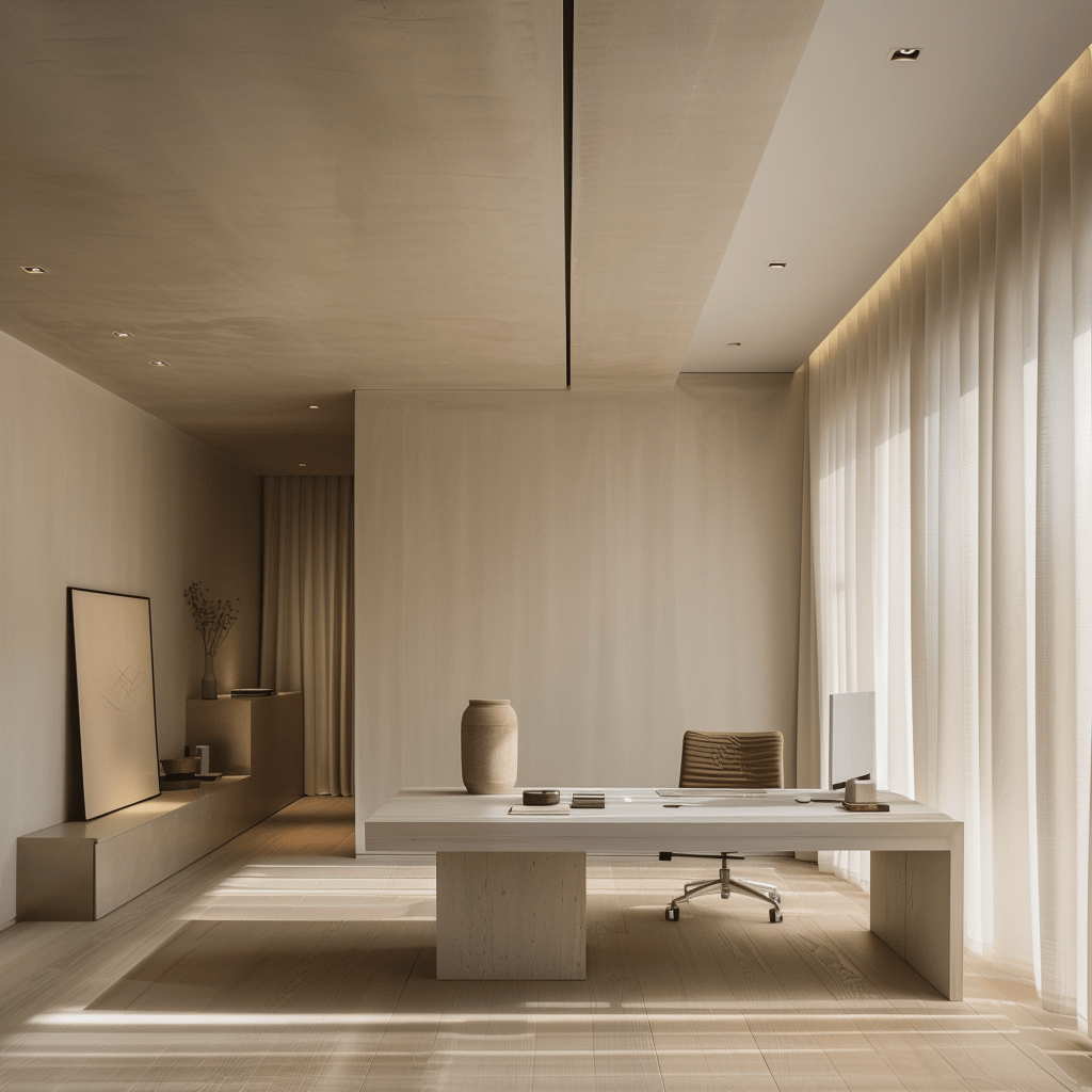 A serene minimalist home office with clean lines, neutral colors, and uncluttered surfaces, embodying simplicity and tranquility
