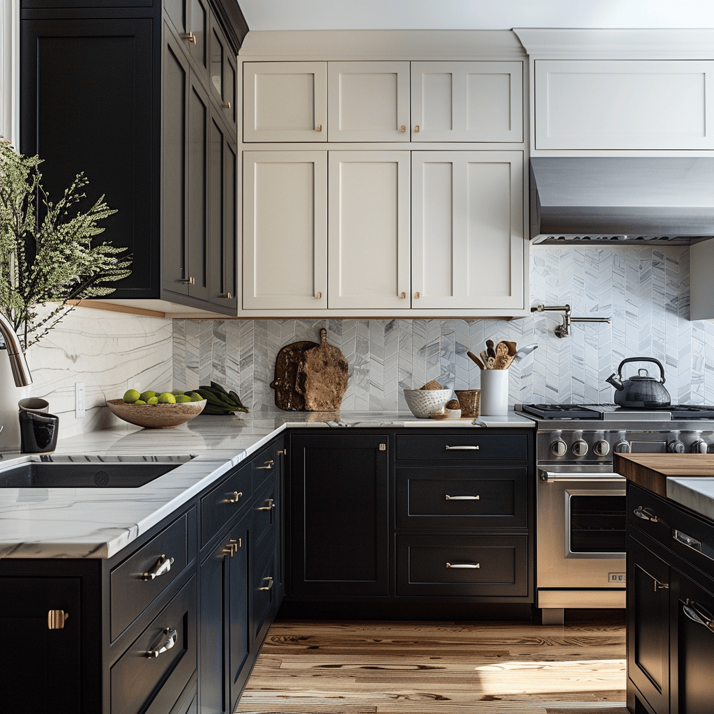 A striking kitchen with two-toned cabinets, featuring light upper cabinets and dark lower cabinets, creating a visually appealing contrast and adding depth and interest to the design