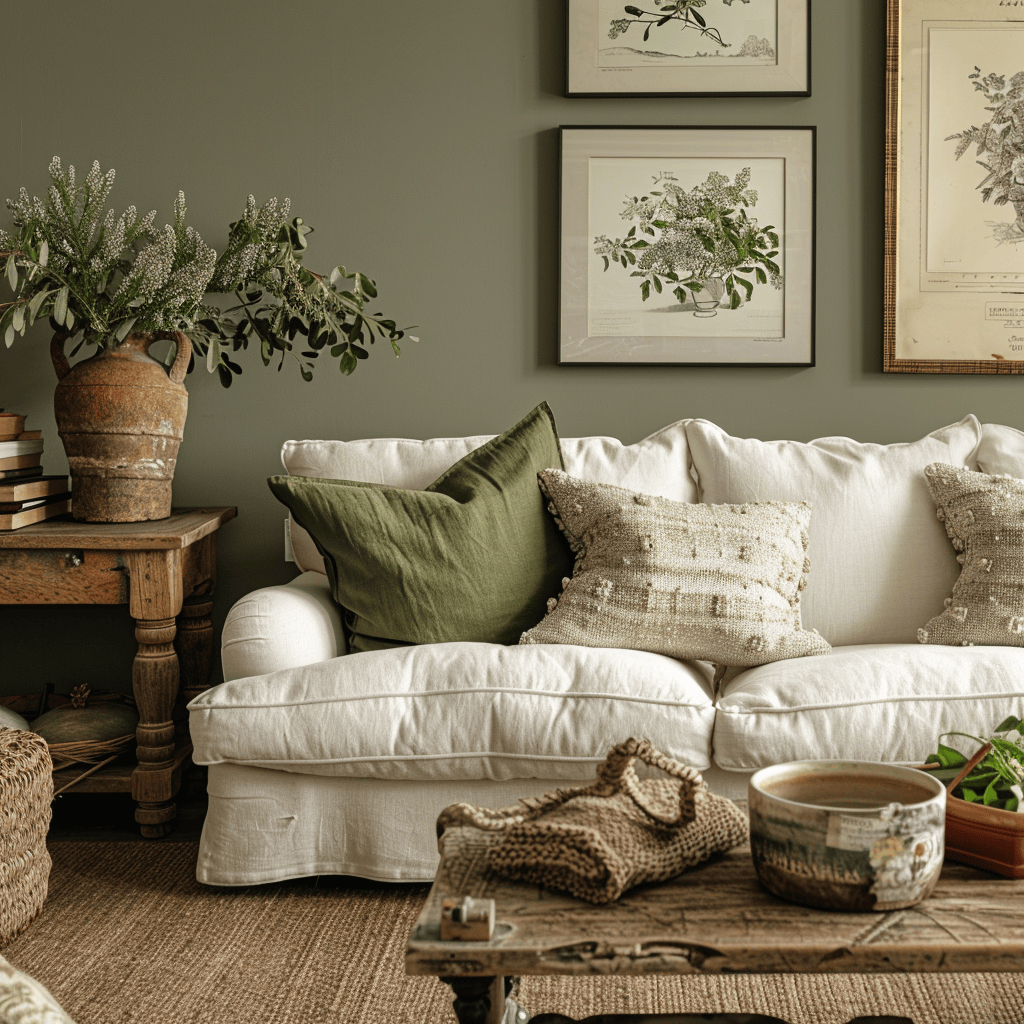 An English countryside living room that embodies comfort and togetherness, with muted gray walls, a creamy white sofa, rustic wooden furnishings, and accents in earthy terracotta and lively green