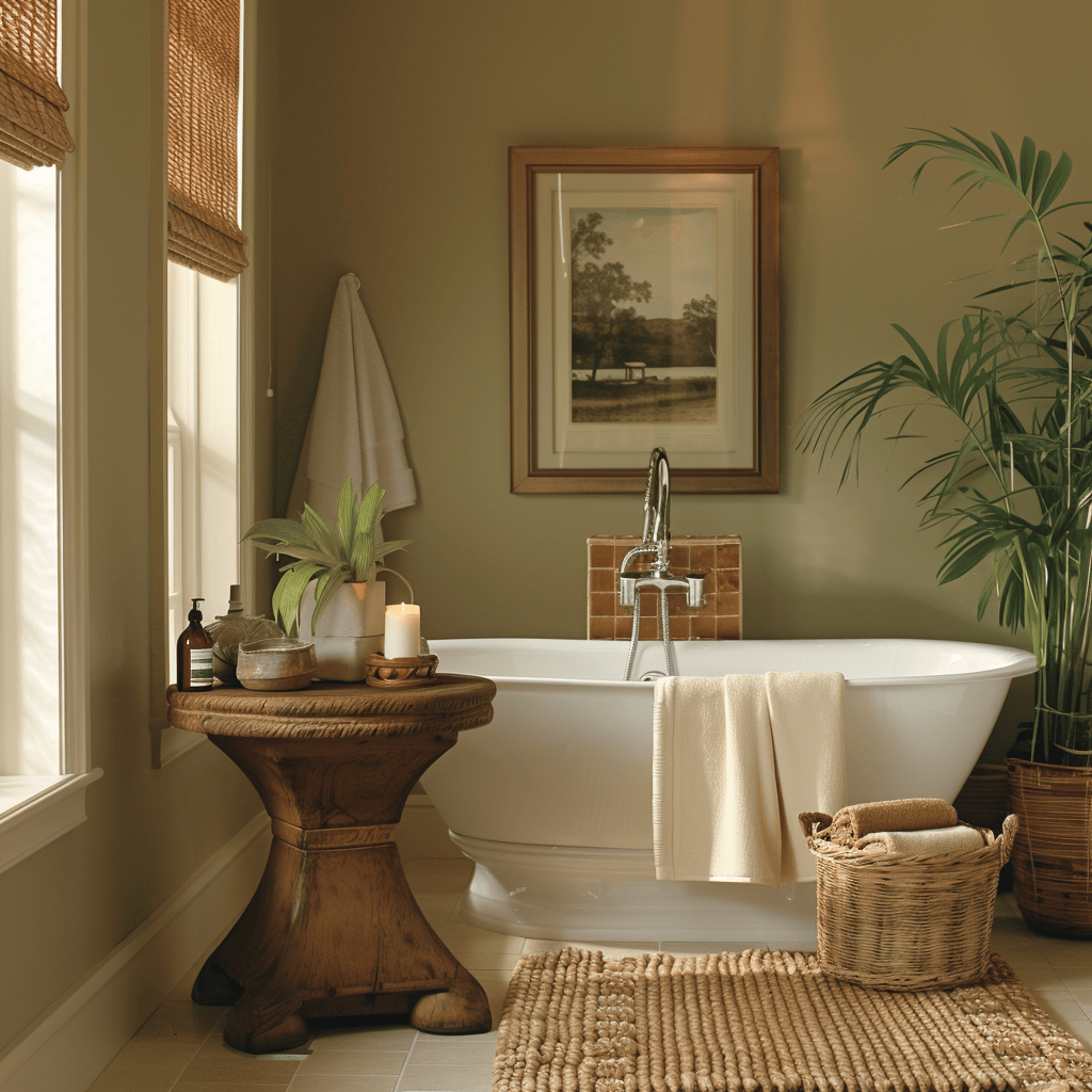 An earthy bathroom with seasonal updates, such as fresh towels, rugs, or artwork, to keep the space feeling fresh and inviting