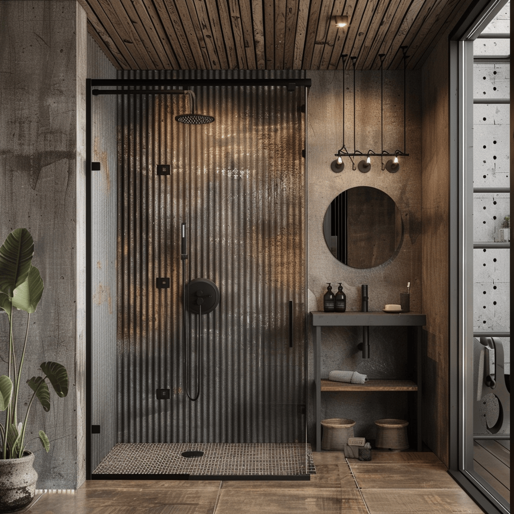 An industrial bathroom with a corrugated metal shower surround, paired with matte black fixtures and hardware