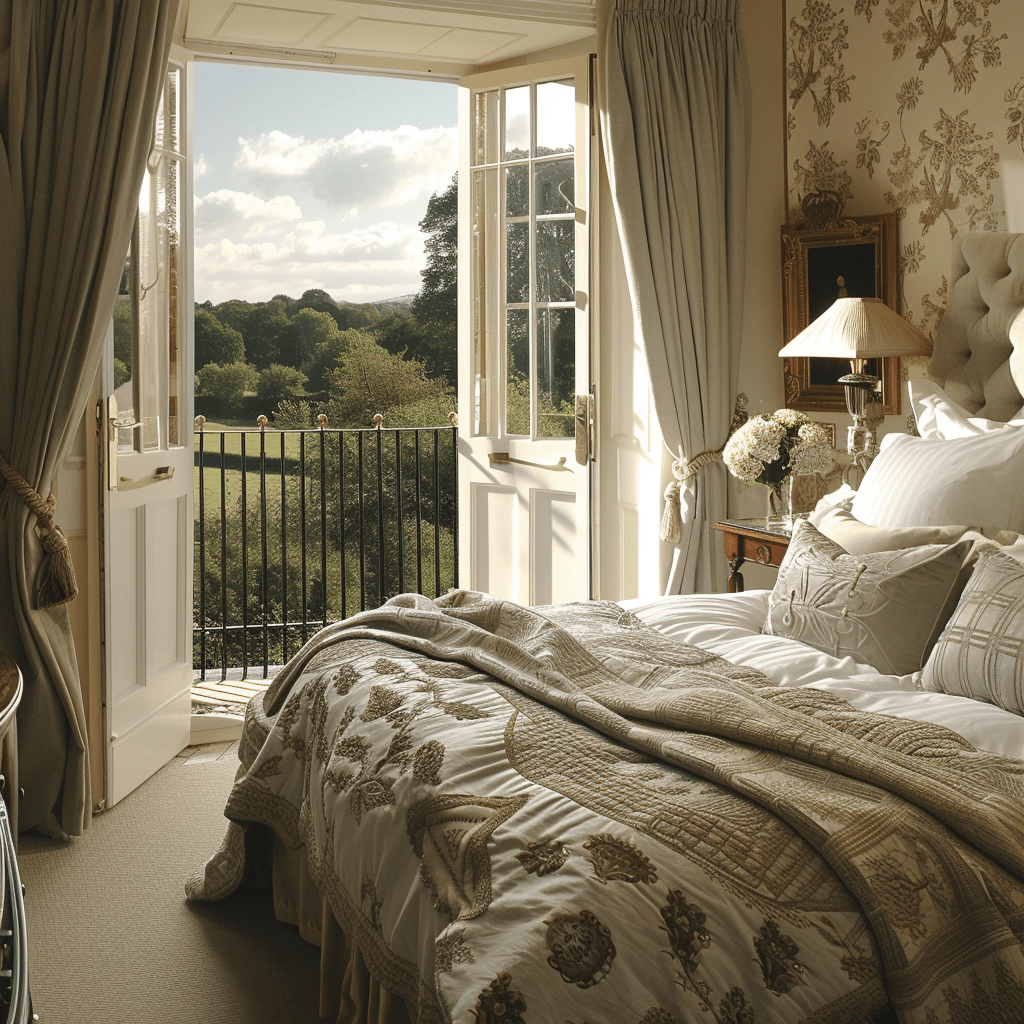 Bedroom with French doors or a Juliet balcony overlooking a beautifully landscaped English garden or countryside view
