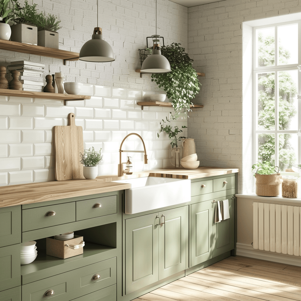 Bright modern farmhouse kitchen with sage green cabinets and a rustic wood island