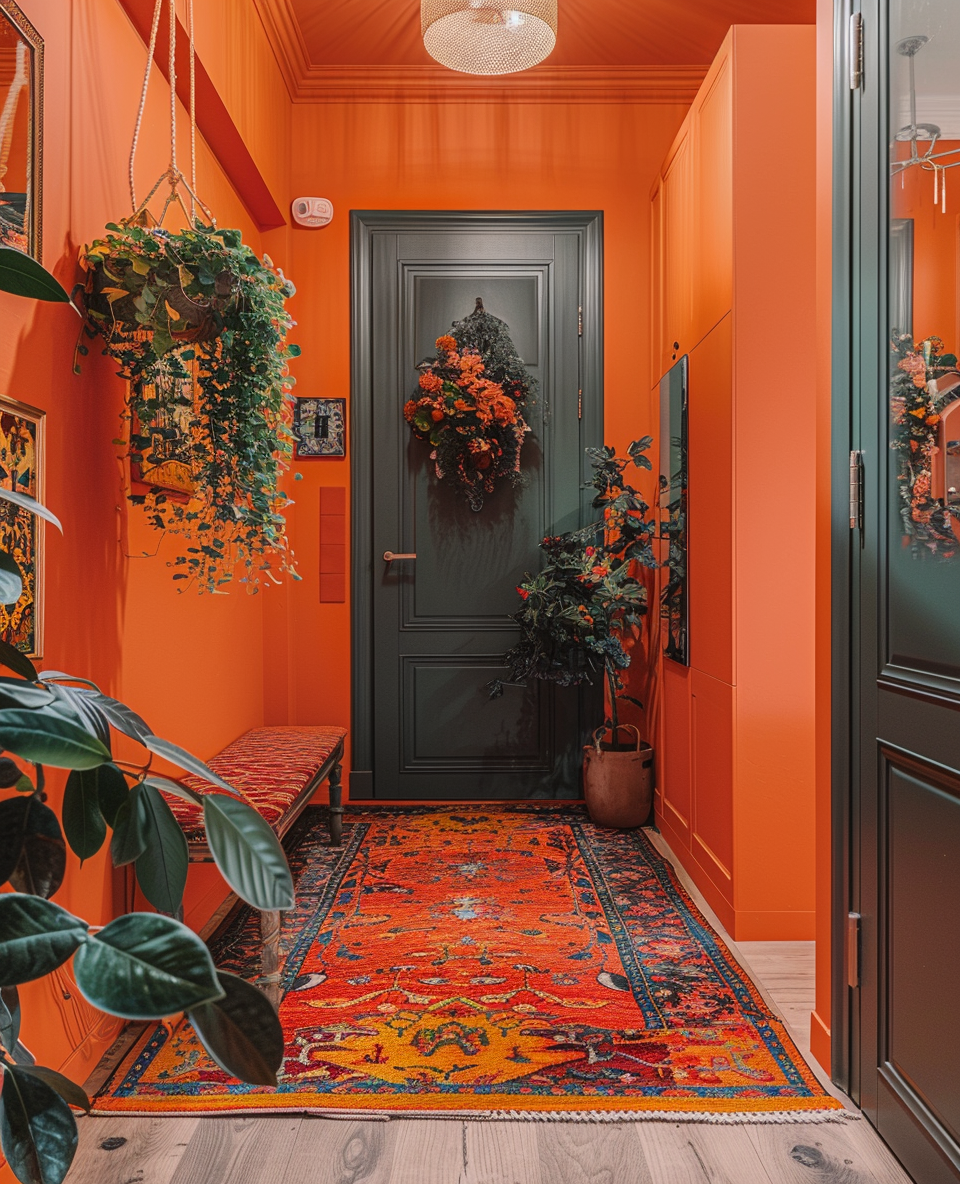 70s a themed hallway with distinctive wallpaper and vintage decor pieces 