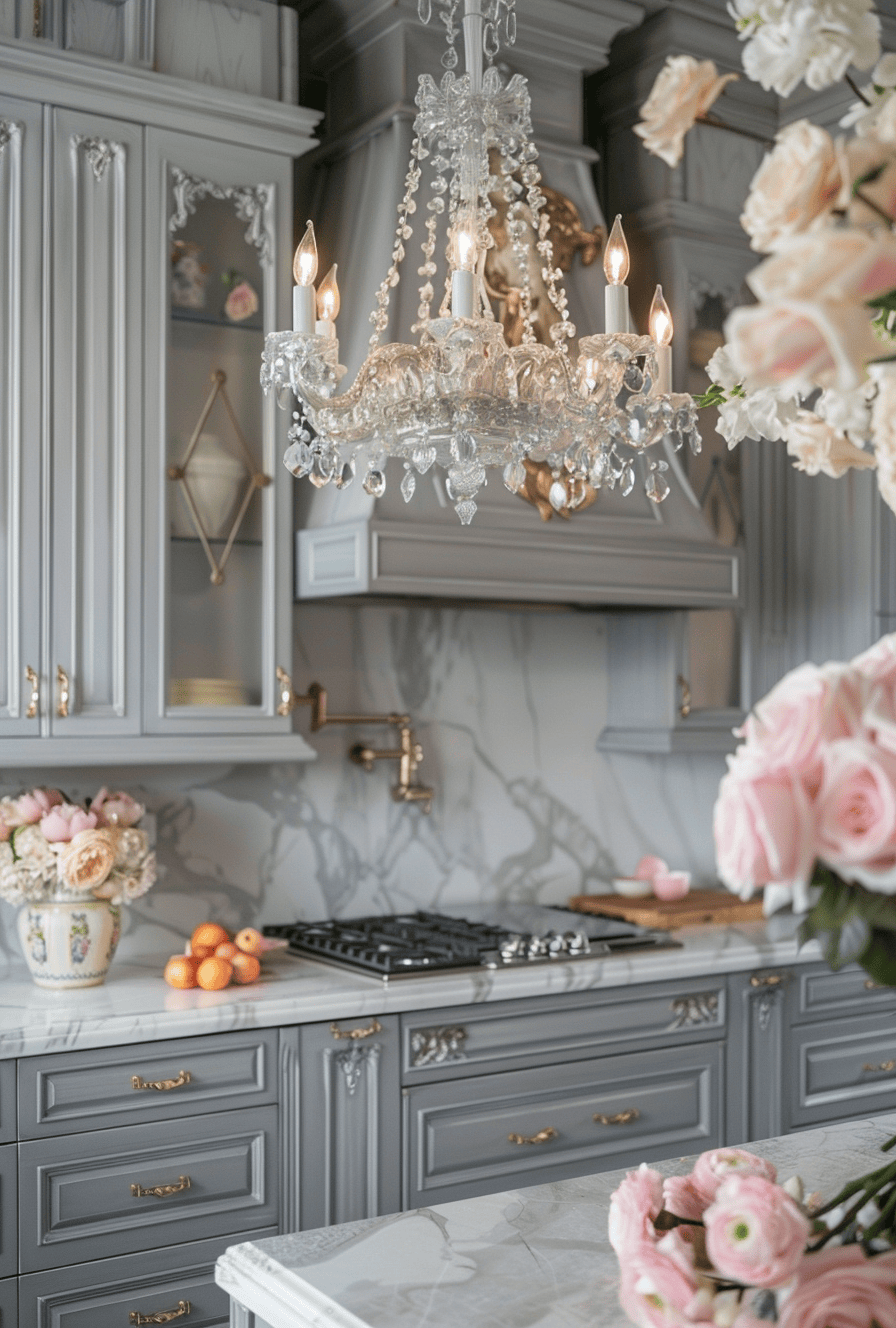French Parisian kitchen tips highlighting detailed woodwork and crown molding for sophisticated style
