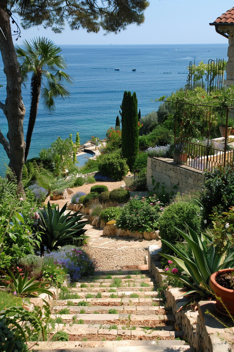 Mediterranean style garden with well kept gardens, overlooking the ocean