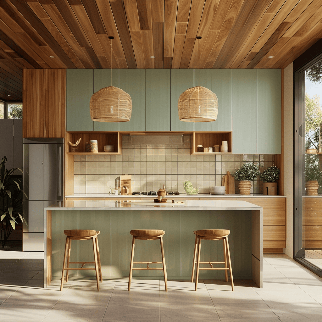 Mid-century modern kitchen inspired by nature with warm wood finishes, soft greens, and muted blues for tranquility