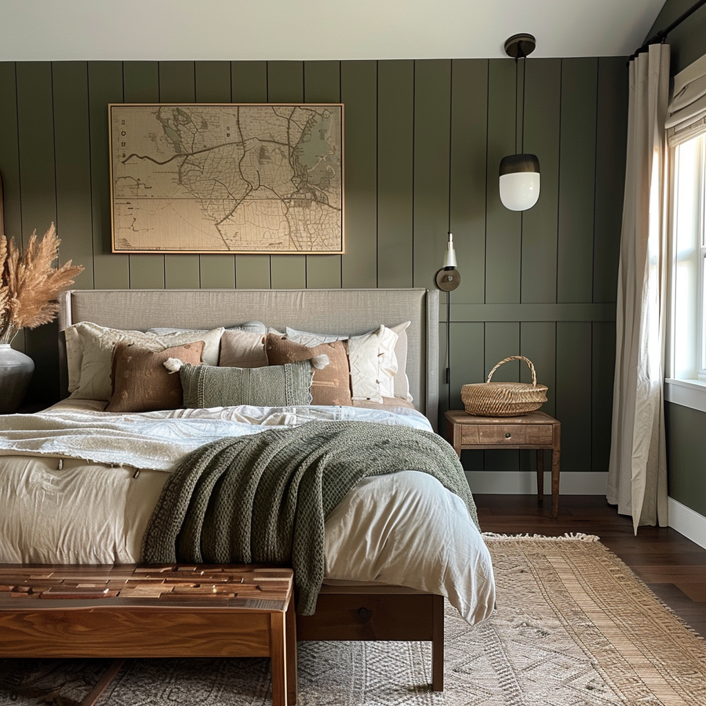Modern cottage bedroom transformation, nature-inspired haven with earth tones like greens, browns, and rusts, harmonizing with natural materials and light