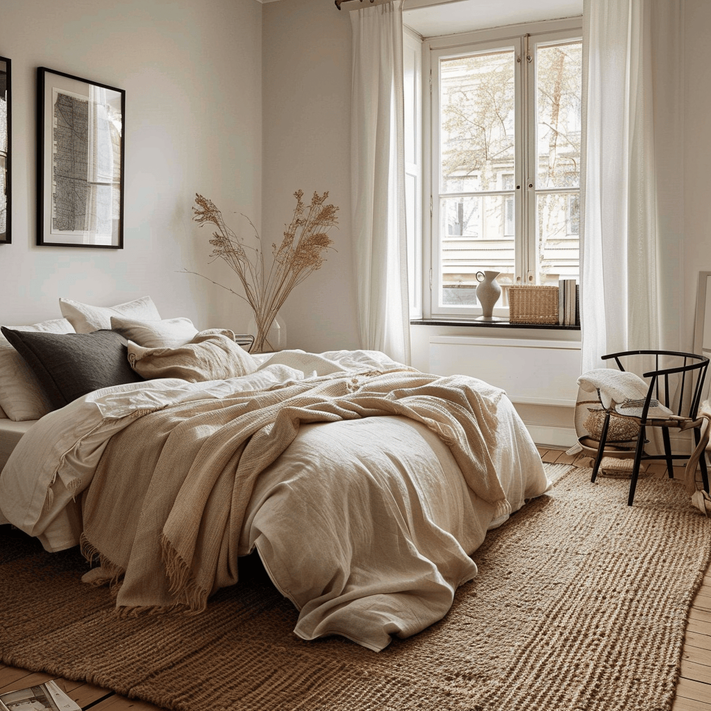 Scandinavian bedroom featuring an area rug that complements the minimalist aesthetic while providing a soft surface