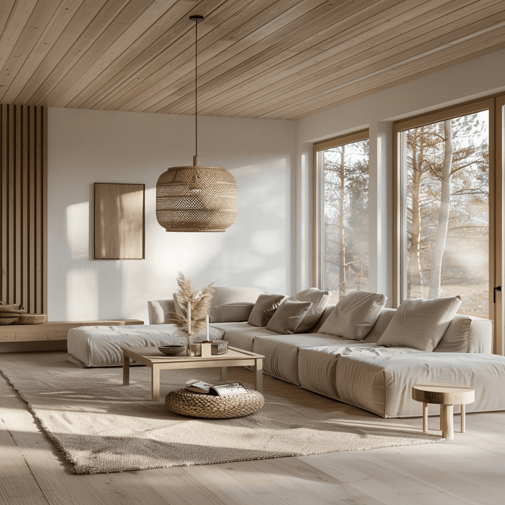 Simple, uncluttered Scandinavian interior illuminated by warm, soft light from large windows