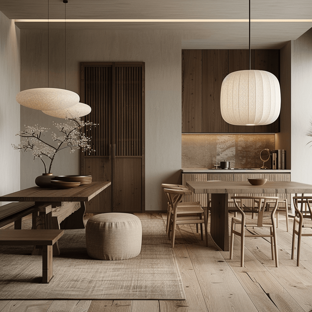 Dimmable lighting for adjustable ambiance in a Japandi dining space 