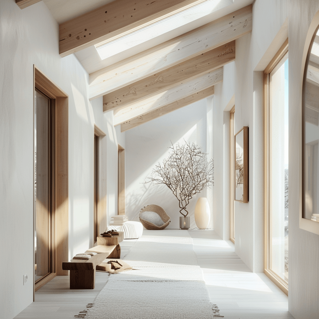 The ample natural light in this Scandinavian hallway not only brightens the space but also highlights the beauty of the simple, minimalist decor and natural materials used throughout