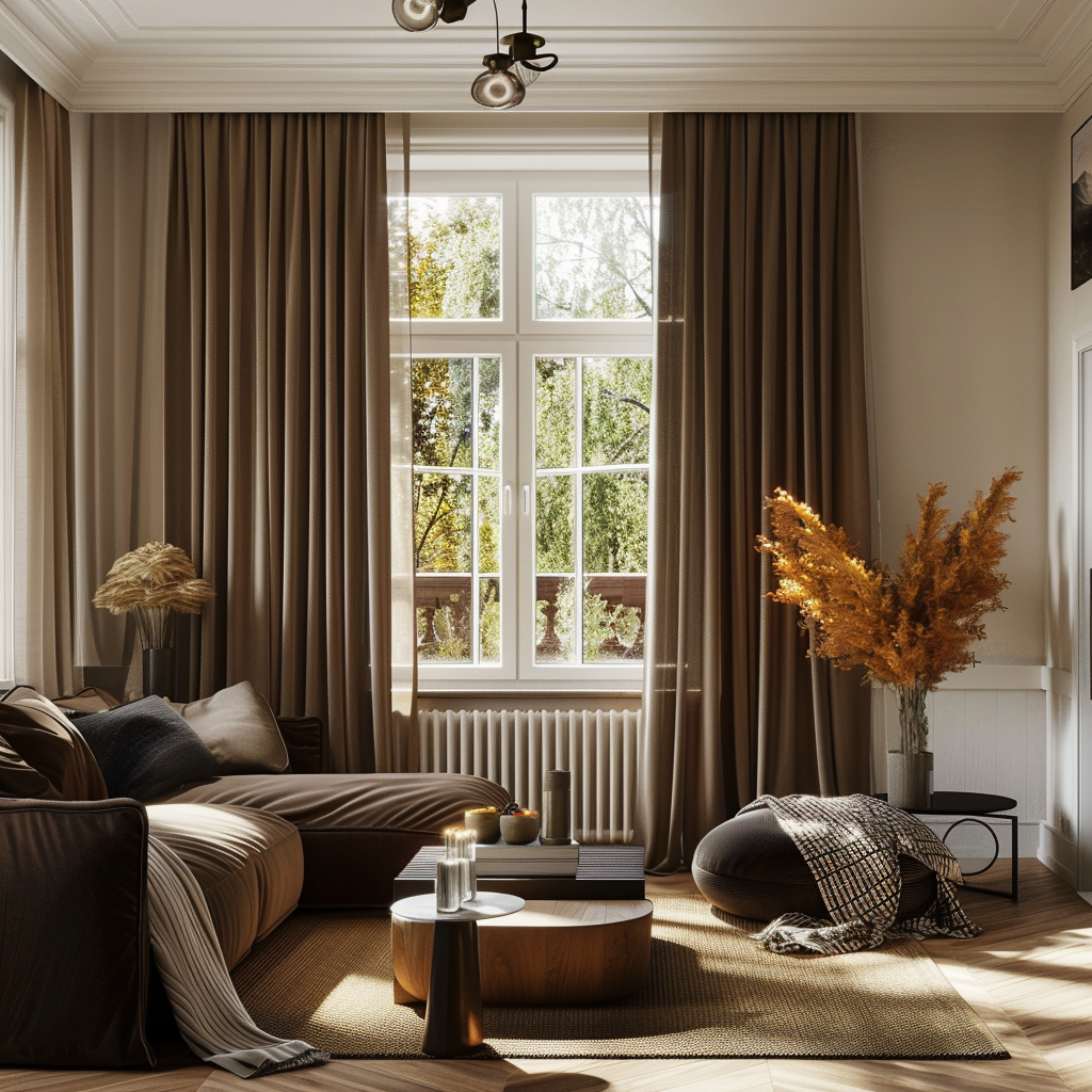 Thick, thermal curtains in a rich chocolate brown help maintain a comfortable temperature and cozy atmosphere in a living room throughout the year3