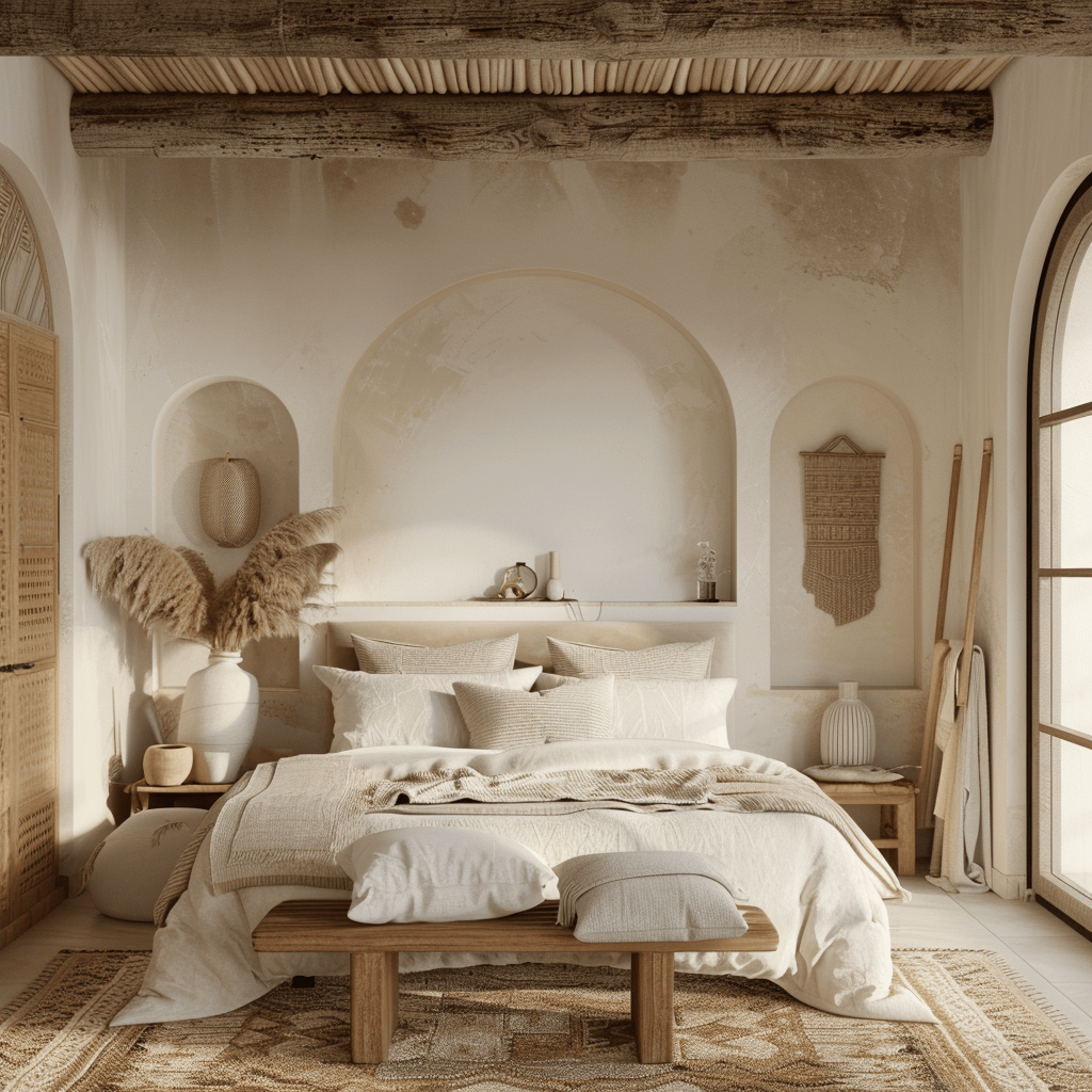 Tranquil Mediterranean bedroom showcasing the power of editing, with each element thoughtfully chosen to contribute to a peaceful, cohesive atmosphere
