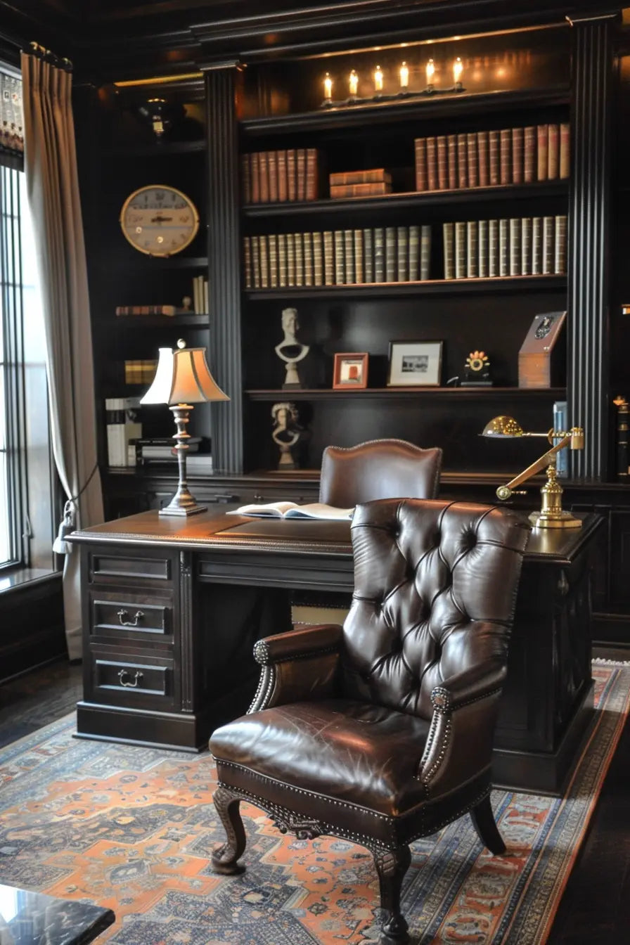 Victorian style office interior design with ornate ceiling medallion