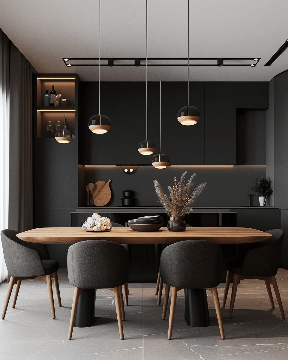 a Dark dining room with black marble table and rich wood finishes