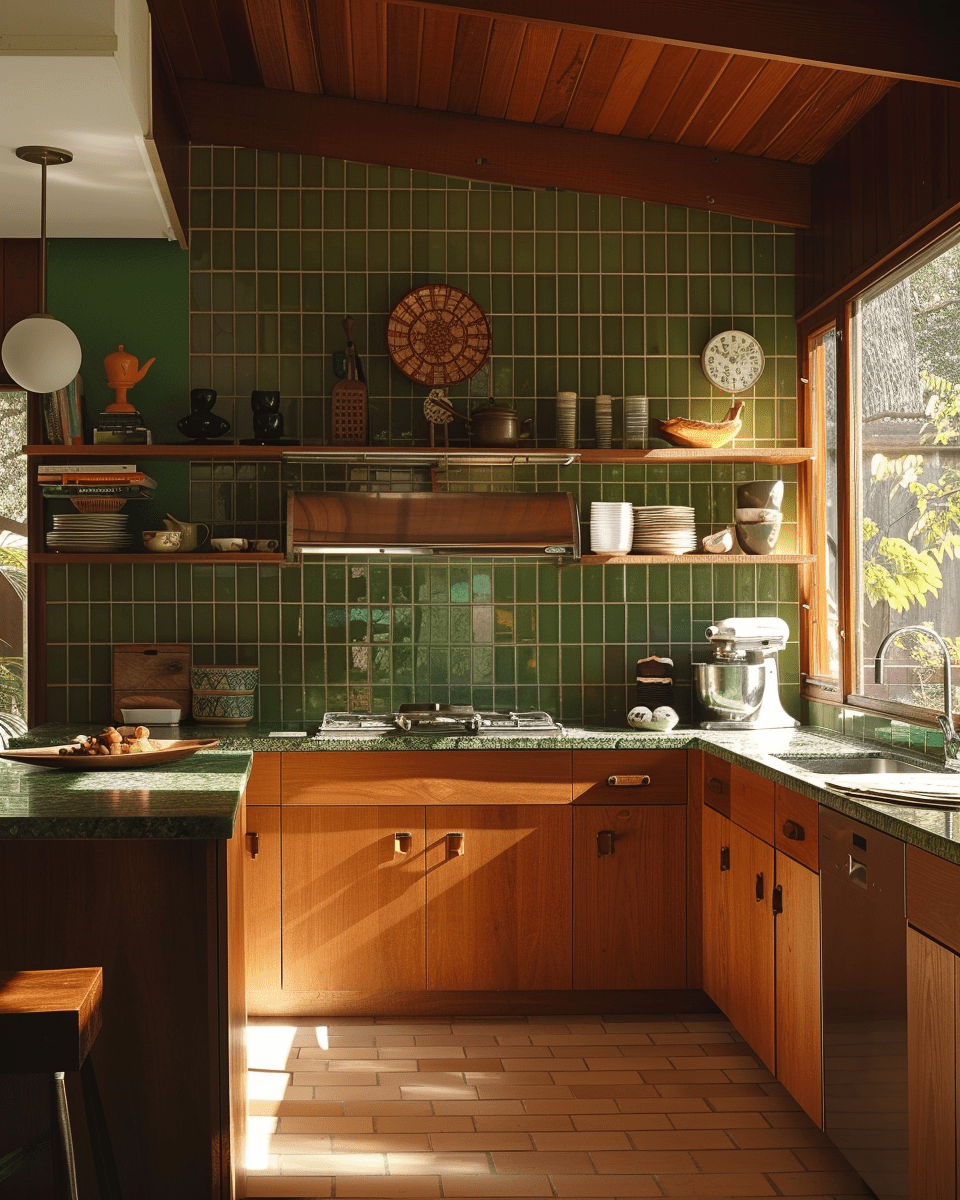 a Whimsical 70s kitchen adorned with mushroom motif decor
