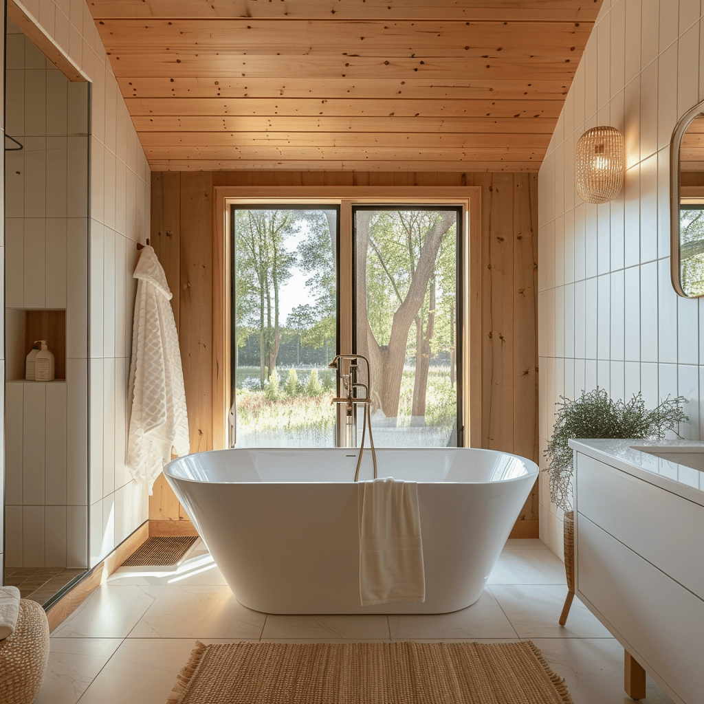a modern cottage bathroom that incorporates sustainable, eco-friendly materials and fixtures