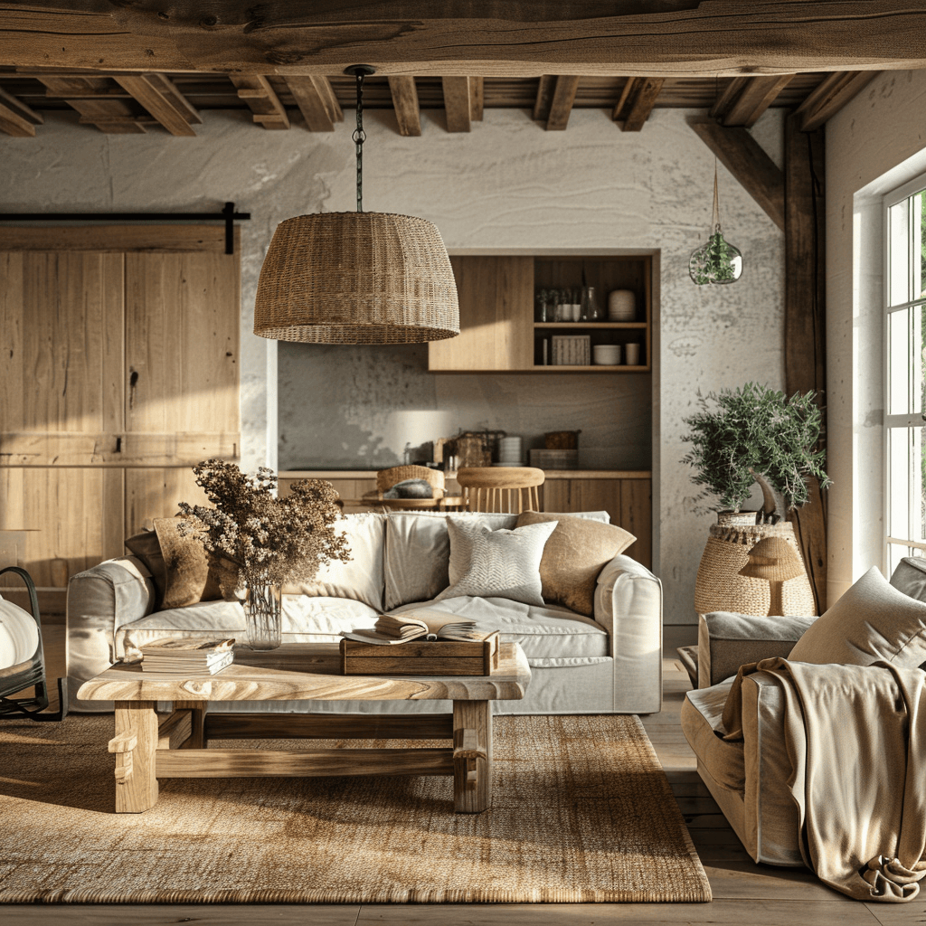 a warm and inviting modern cottage living room with rustic charm, soft colors, comfortable furniture, and natural textures4