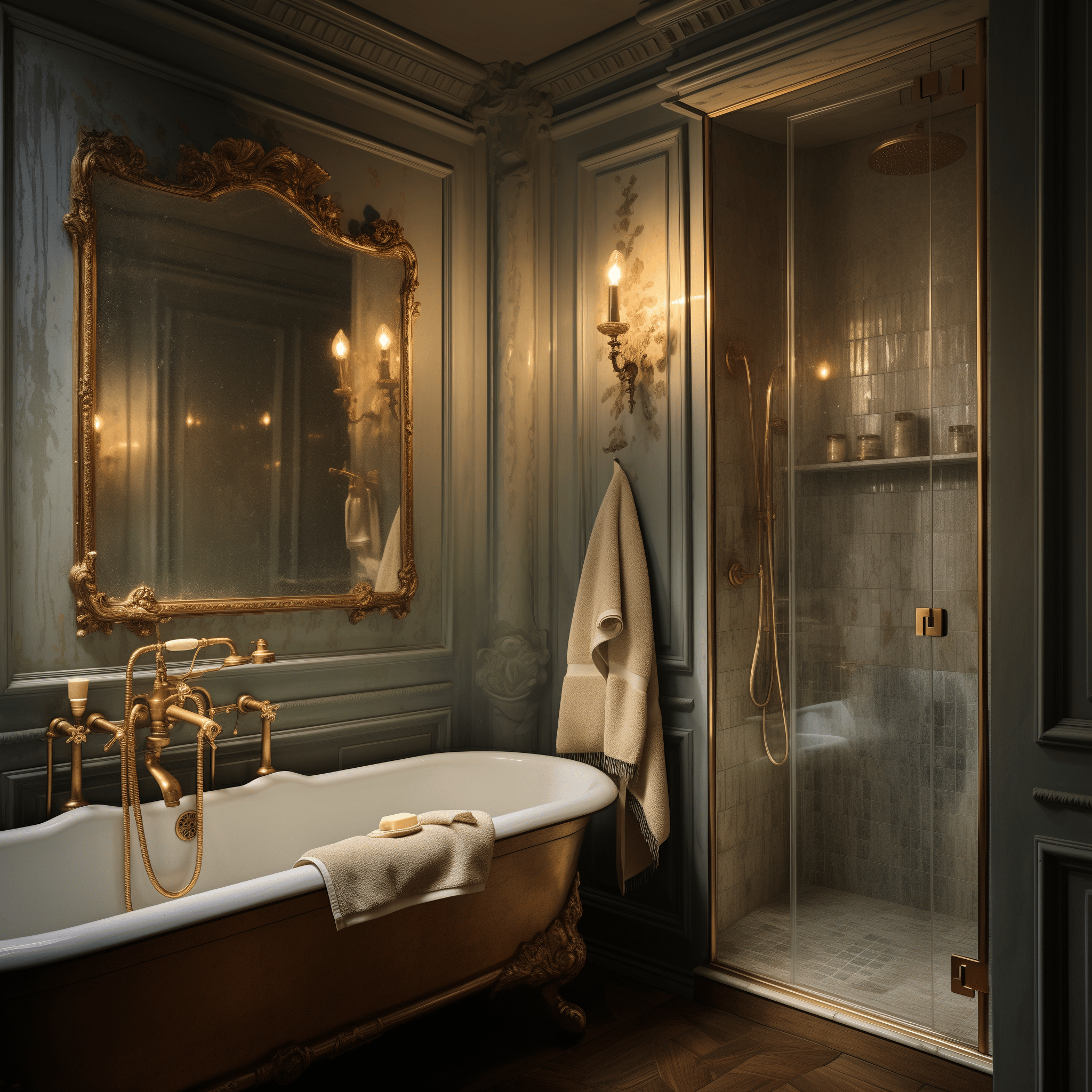 french bathroom decor ideas interior design small luxury parisian aesthetic gold green mirror shower