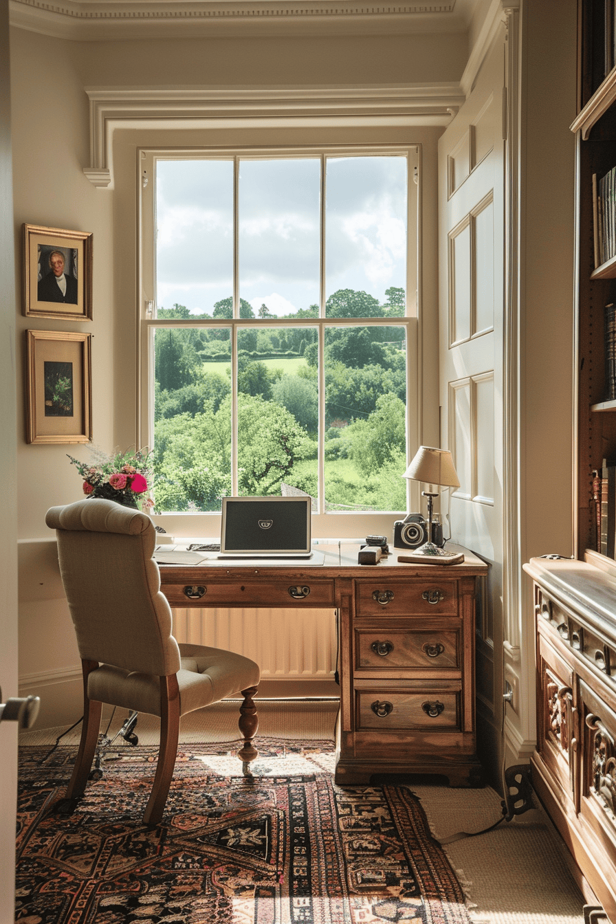 luxurious cosy english countryside home office, summer, natural light views of devon