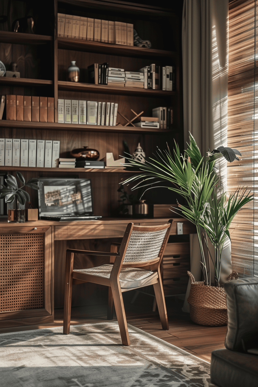 luxurious cosy japandi home office, small plant