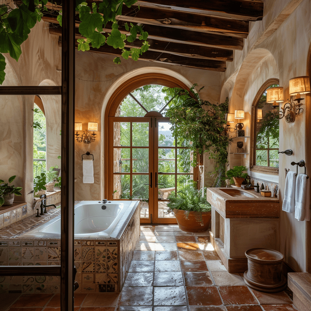 private mediterranean courtyard tiled fountain bougainvillea olive trees jasmine vines arched doorways from indoor tiled bathroom