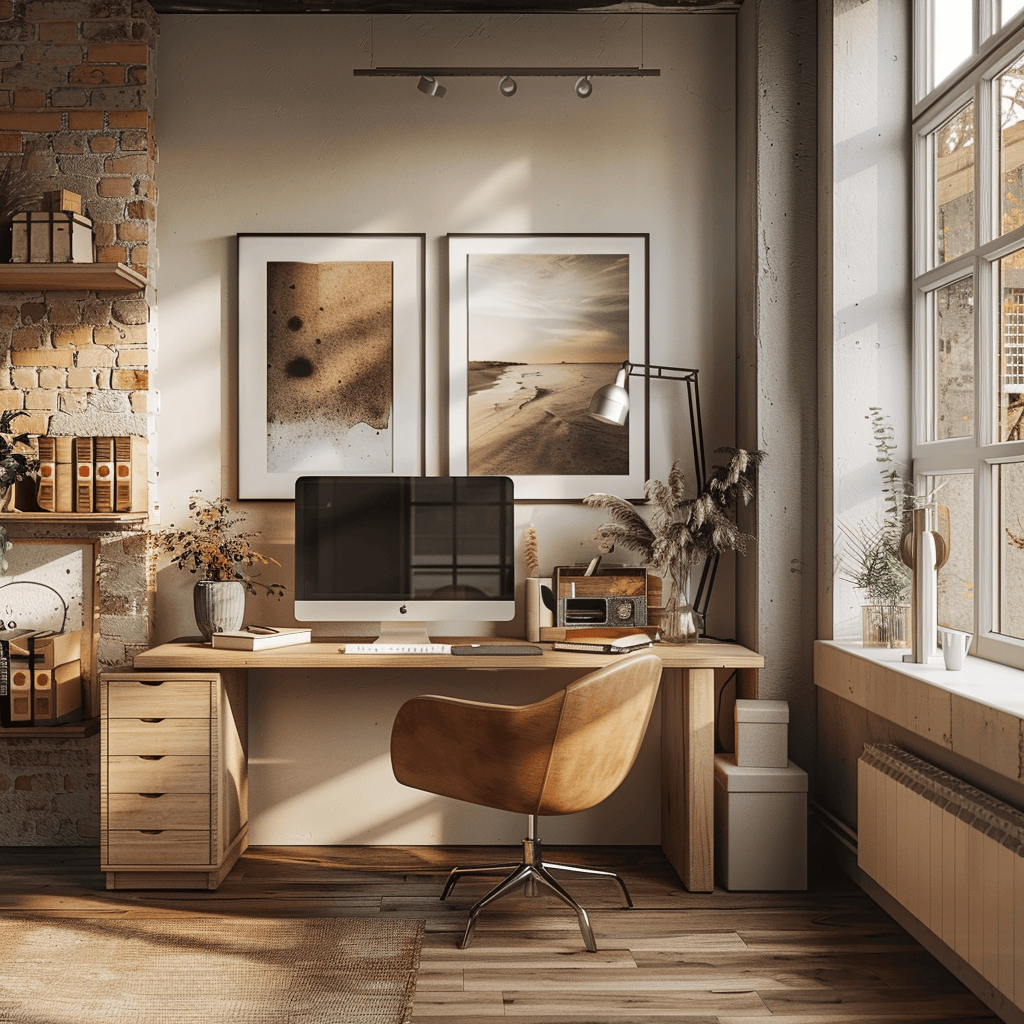 modern cozy Scandinavian Home Office, natural beauty