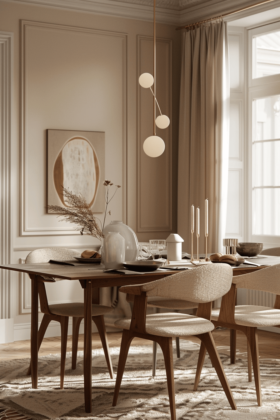 modern luxury Scandinavian dining room, warm neutral tones, cozy