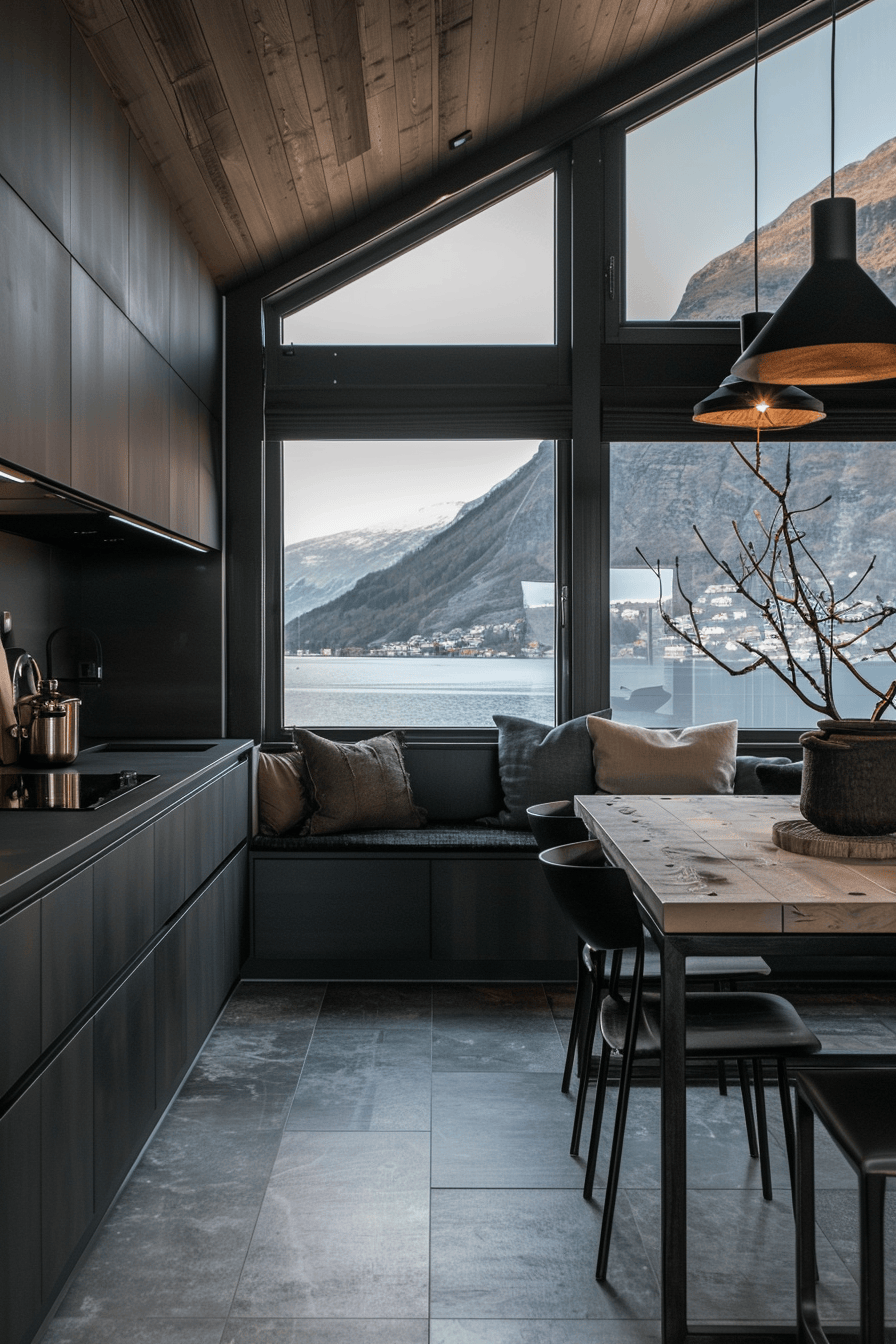 modern luxury Scandinavian kitchen, cozy seating area overlooking fjord out of window