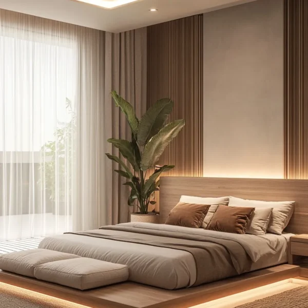 Compact Japandi bedroom with sleek storage solutions, tatami flooring, and serene atmosphere